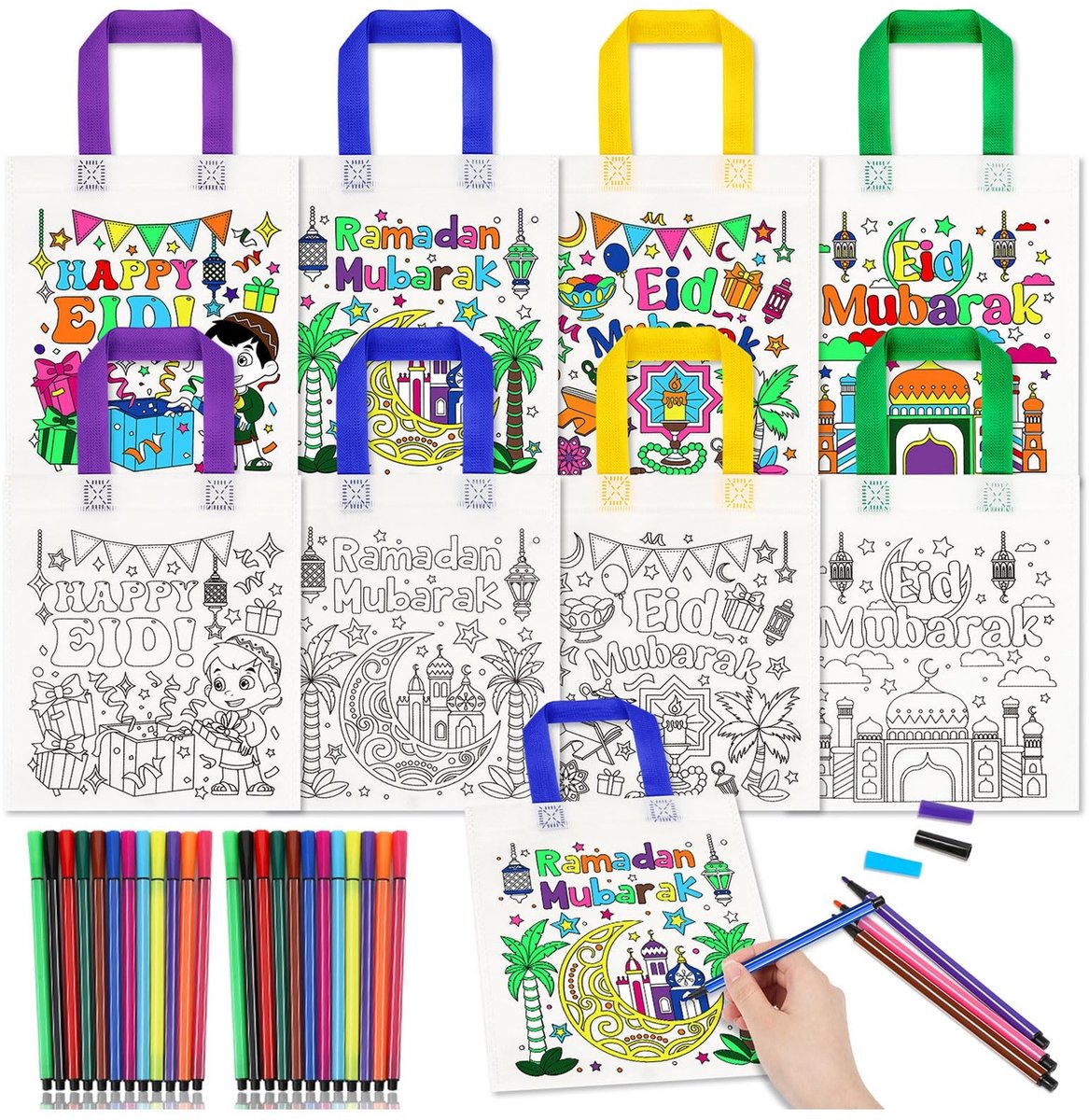 Dailygoods- Cadeauzakjes 12 stuks - Eid Mubarak - Vliesstof - Graffiti-zakjes - Knutselen voor kinderen - Creativiteit stimuleren - Kleurzakjes