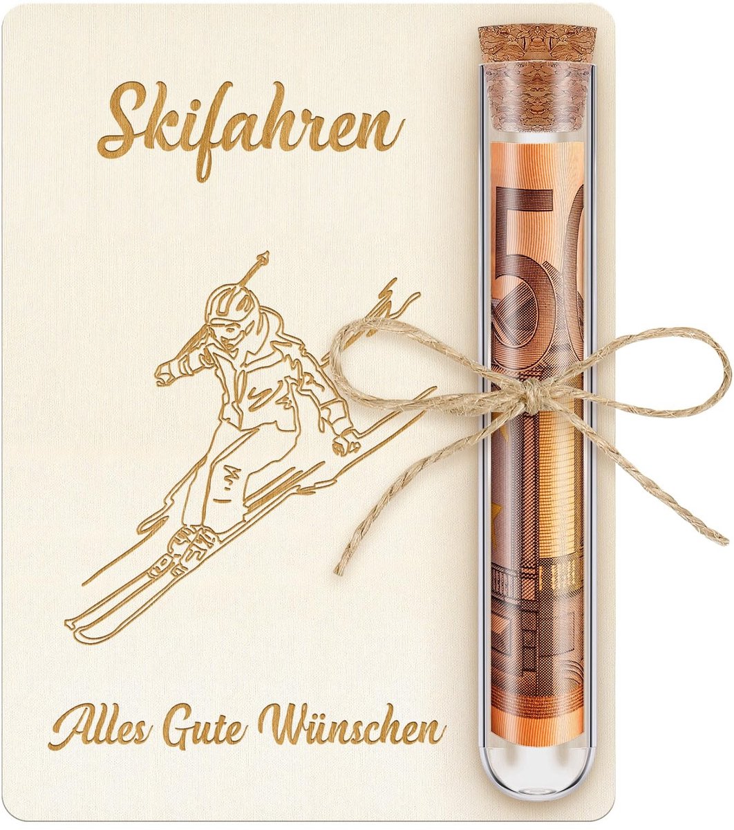 Dailygoods- Cadeauverpakking Creatief Geldgeschenk - Houten Skiërkaart - Geschenkdoos - Reisfonds - Verjaardag - Decoratief Design - Geldcadeau