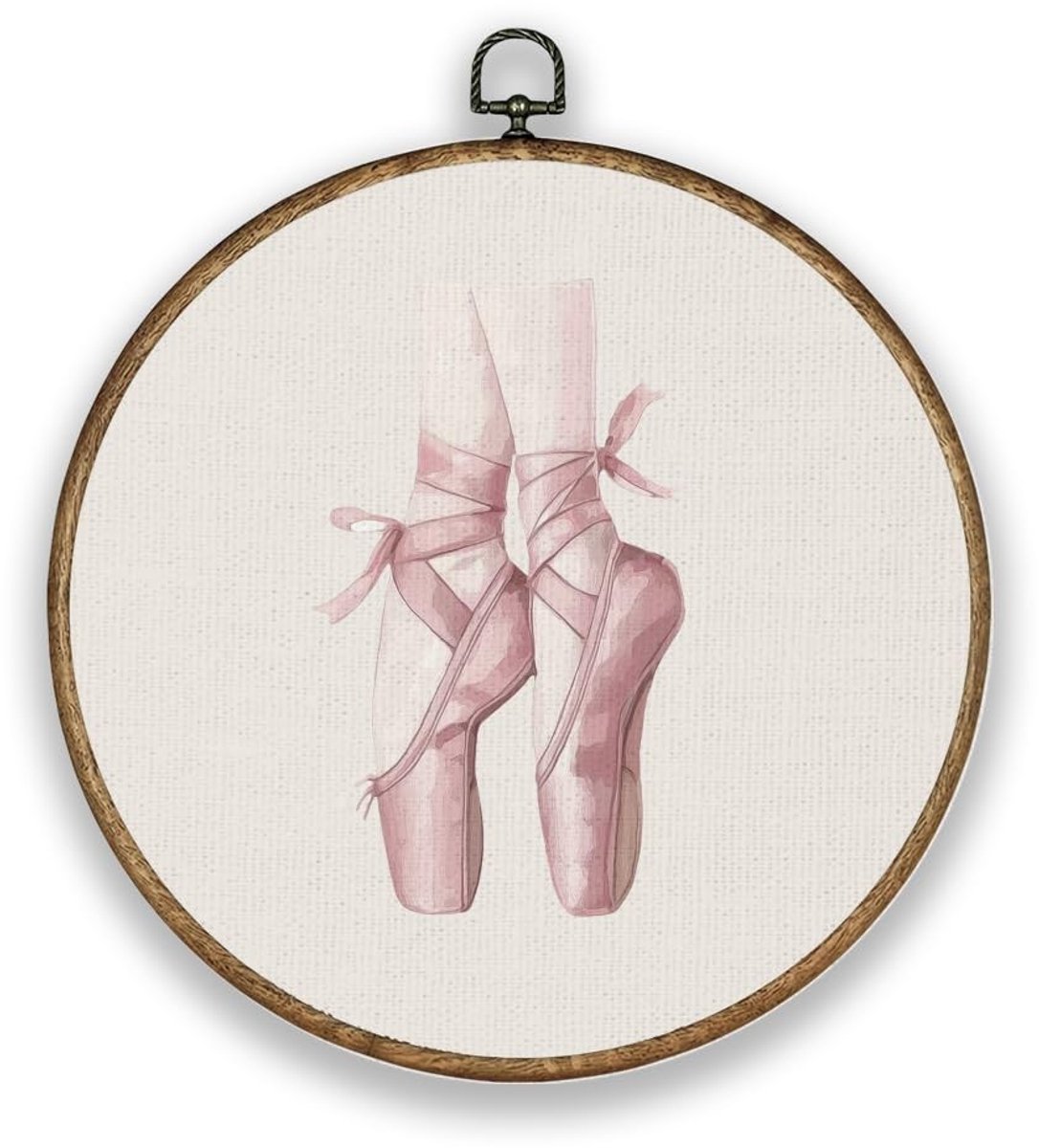 Dailygoods- Balletschoenen Decoratie - Wanddecoratie Ronde - Houten Lijst - Canvas Prints - Muurkunstwerk - Diameter 26 cm
