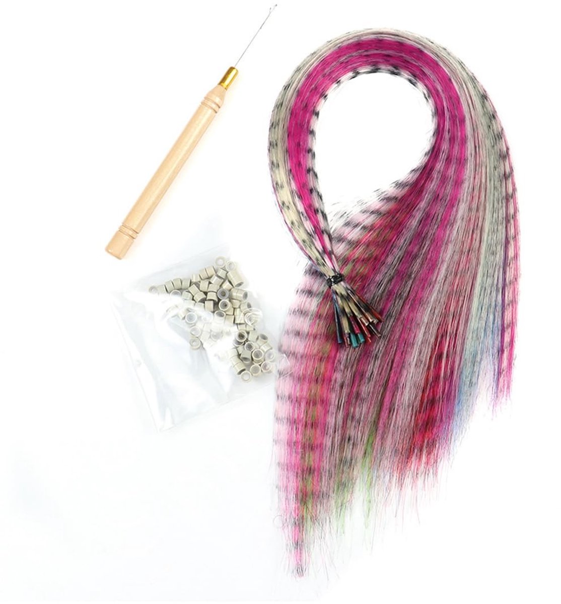 Dailygoods- Haarverlengingsset 52 Stuks - Kunsthaarextensies - Kleurrijke Veren - Gereedschap met Tang/Haken - Silicagelkralen - Licht en Natuurlijk Uitziend