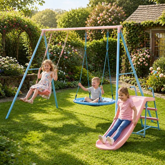 Ensemble de balançoires - Balançoire nid - Cadre de balançoire avec double balançoire et toboggan - Ensemble de balançoires pour enfants - Convient pour l'extérieur - Bleu, rose