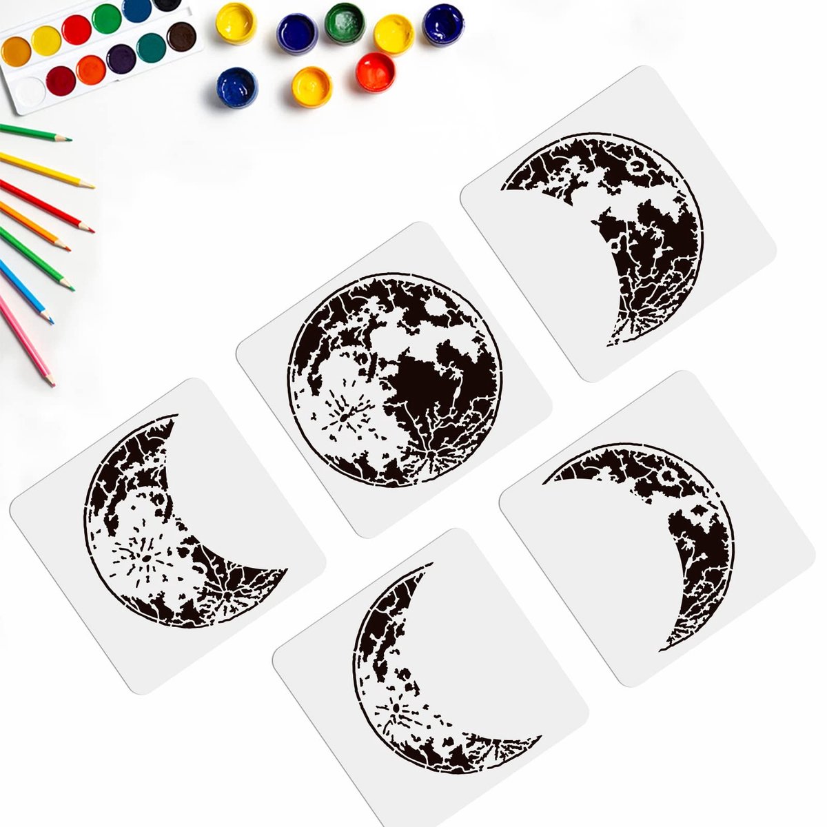 Dailygoods- Maanfasesjablonen 30 x 30 cm - 5 Stuks - Herbruikbare Stencils - PET-Kunststof - Muurkunst - Woondecoratie - Sjablonen