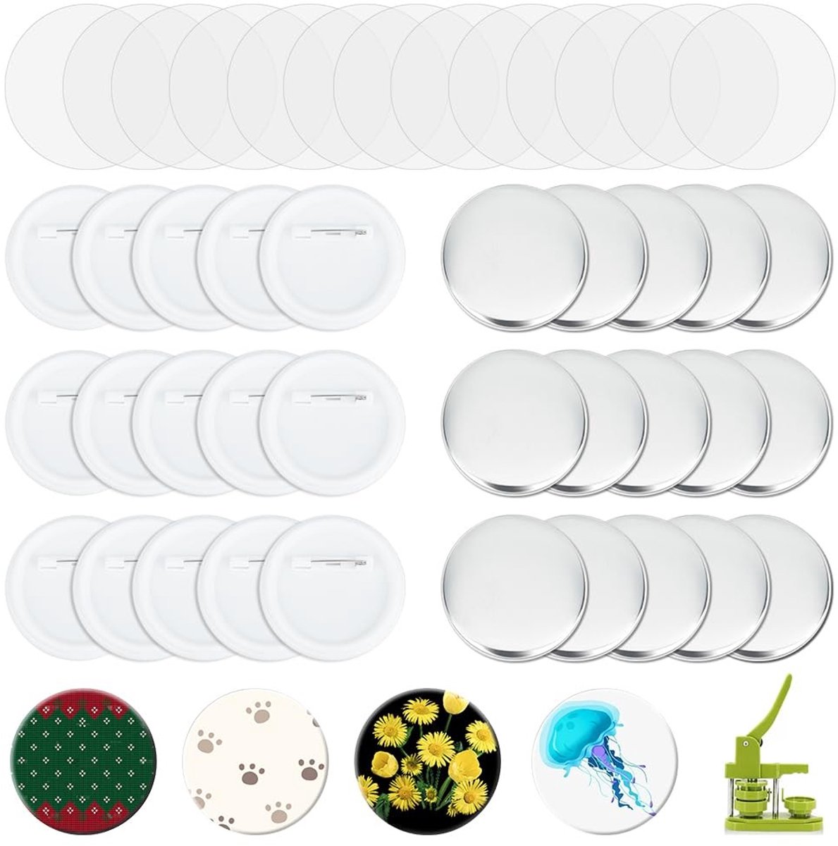 Dailygoods- Knoopmakeraccessoires 100-delige set - Pinback-buttononderdelen - Ronde badge blanco knopnaalden - Metalen afdekking - Kunststof pin achterkant - Inclusief transparante folie