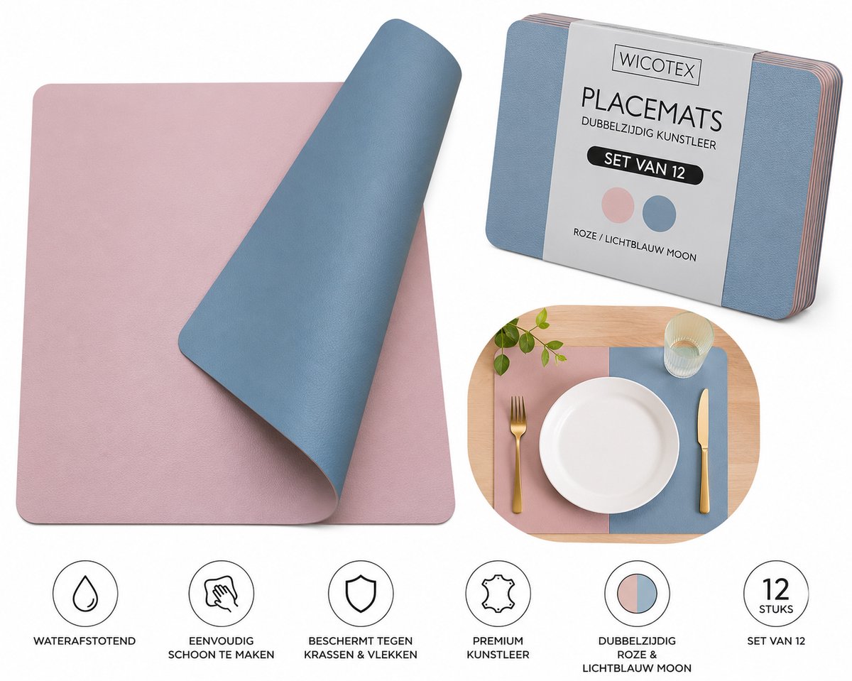 Wicotex - Placemats - Placemat Kunstleer Roze - Lichtblauw Moon - Dubbelzijdig 12 stuks