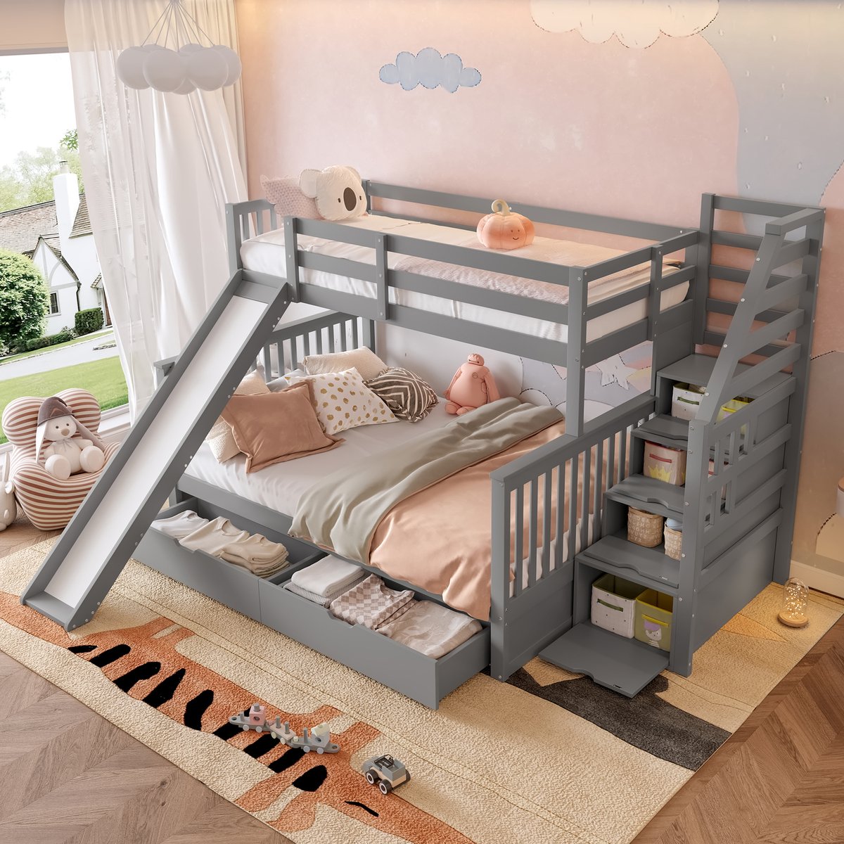 Stapelbed 90x200 boven 140x200 met Glijbaan, Lades en Opbergruimte – Grijs