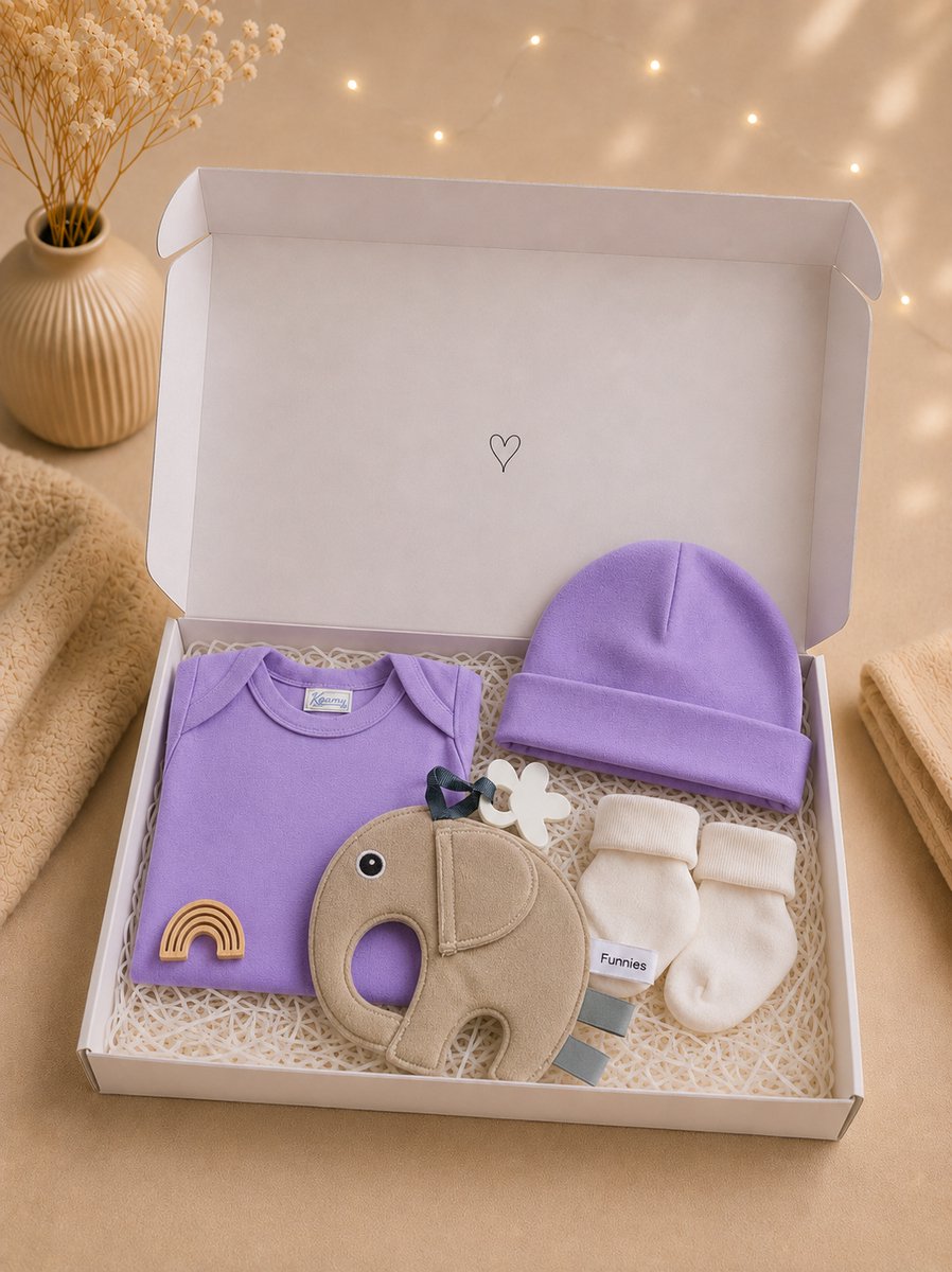 Kraamcadeau unisex origineel – Luxe Baby Giftset in Brievenbusdoos – Rompertje, Babymutsje, Sokjes & Knuffel/Tutpop Olifant – Perfect Babyshower & Gender Reveal Cadeau