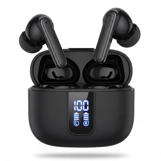 KIMO DIRECT Wave Pro Draadloze Oordopjes - Active Noise Cancelling - Bluetooth Oordopjes - LED Display - Bluetooth 5.3 - Zwart