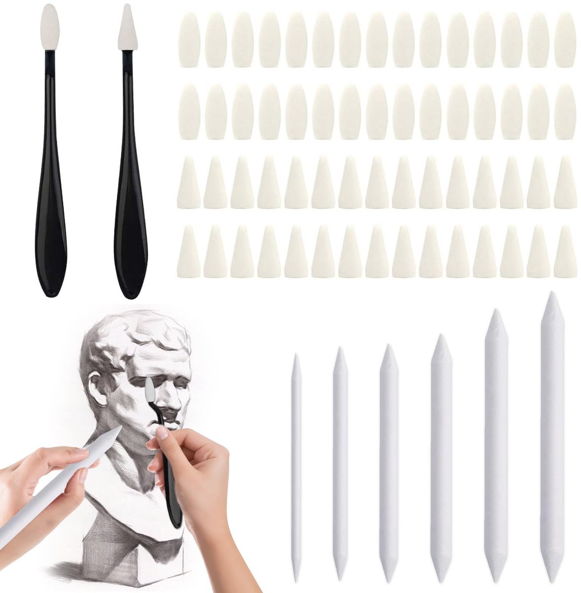 Dailygoods- Teken- en Mengtoolset Complete Set - 2 Tekenwrijvers - 60 Vervangbare Sponskoppen - 6 Witte Gumsticks - Ergonomisch Ontwerp - Duurzaam en Flexibel - Kunstgereedschap