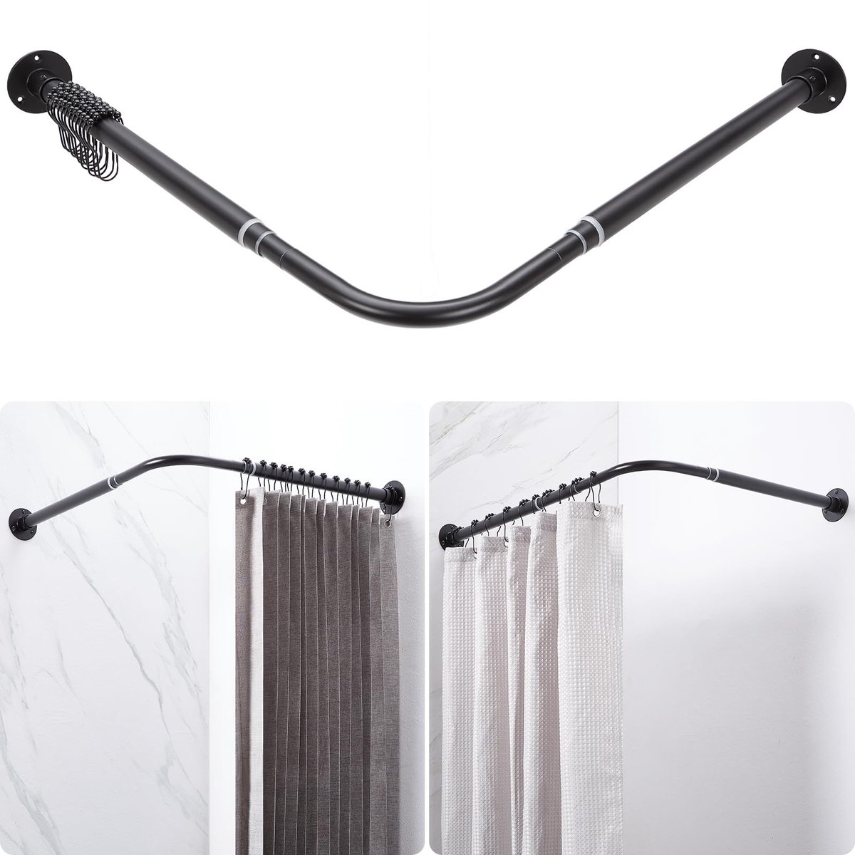 Dailygoods- Hoekdouchegordijnstang Verstelbaar 61,7-120,9 cm - 90 Graden - Plafondsteun - 12 Haken - Schokbestendig Metaal - Douchegordijnstang