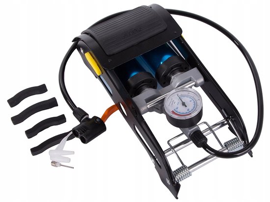 Dubbele Voetpomp met Manometer 150 PSI / 10 Bar - 2-Cilinder Fietspomp voor Auto, Motor, Fiets, Ballen en Luchtbedden - Inclusief 3 Opzetstukken - handmatige luchtpomp - auto accessoires - fiets accessoires - pomp met drukmeter - reispomp - 52656 — afbeelding 2