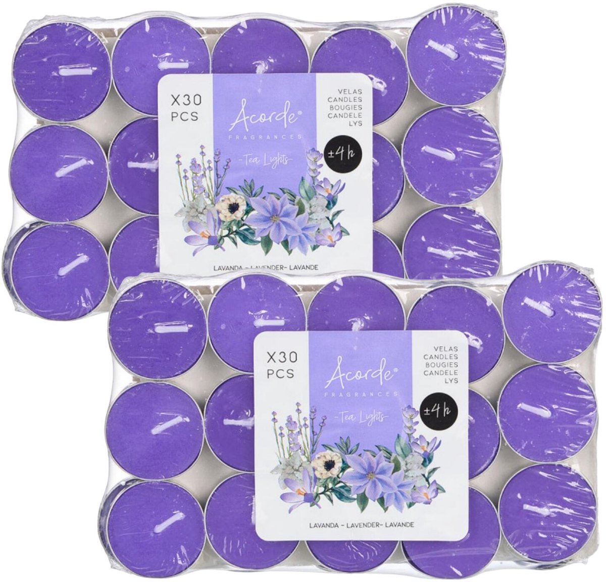 Acorde theelichtjes - lavendel geur - 60x - paars - waxinelichtjes/geurkaarsen - 3 branduren Lavender paars