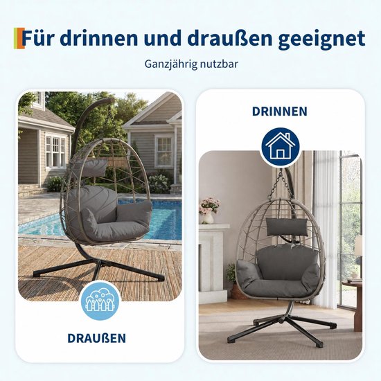 Grijze hangstoel met standaard, geschikt voor binnen en buiten. Buiten bij een zwembad, binnen in een woonkamer.