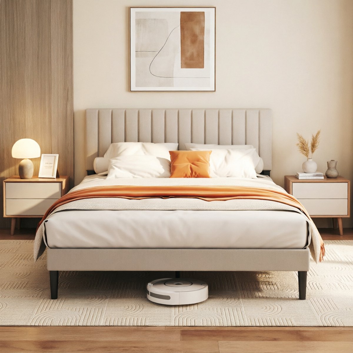 KUTAS Gestoffeerd Tweepersoonsbed 140x200 cm - Verticale Strepen Stijl - Metalen Bedframe - Grote Opbergruimte - Inclusief Lattenbodem - Robuuste Constructie - 600 kg Draagkracht - Zonder Matras - Grijs