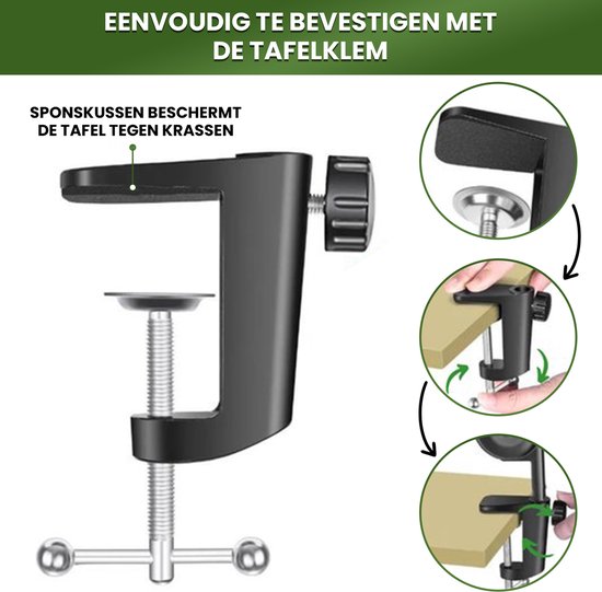 Zwarte tafelklem met schroef om de loeplamp vast te zetten. Sponsjes beschermen de tafel.