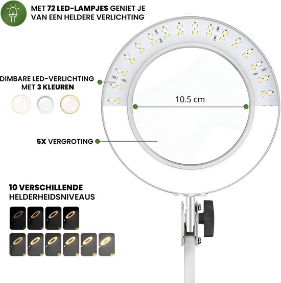 Loeplamp met 72 LED-lampjes, 5x vergroting, dimbaar met 3 kleuren en 10 helderheidsniveaus.