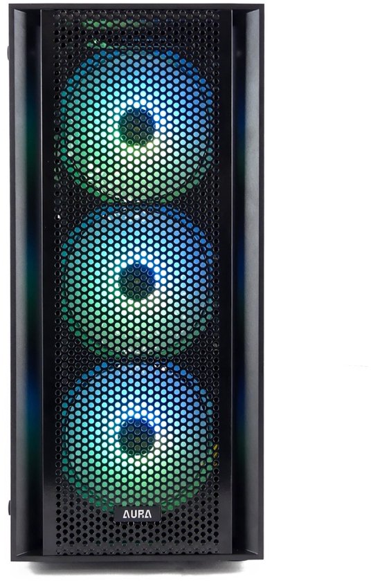 Zwarte pc-behuizing met geperforeerd frontpaneel en drie groen-blauwe verlichte ventilatoren.