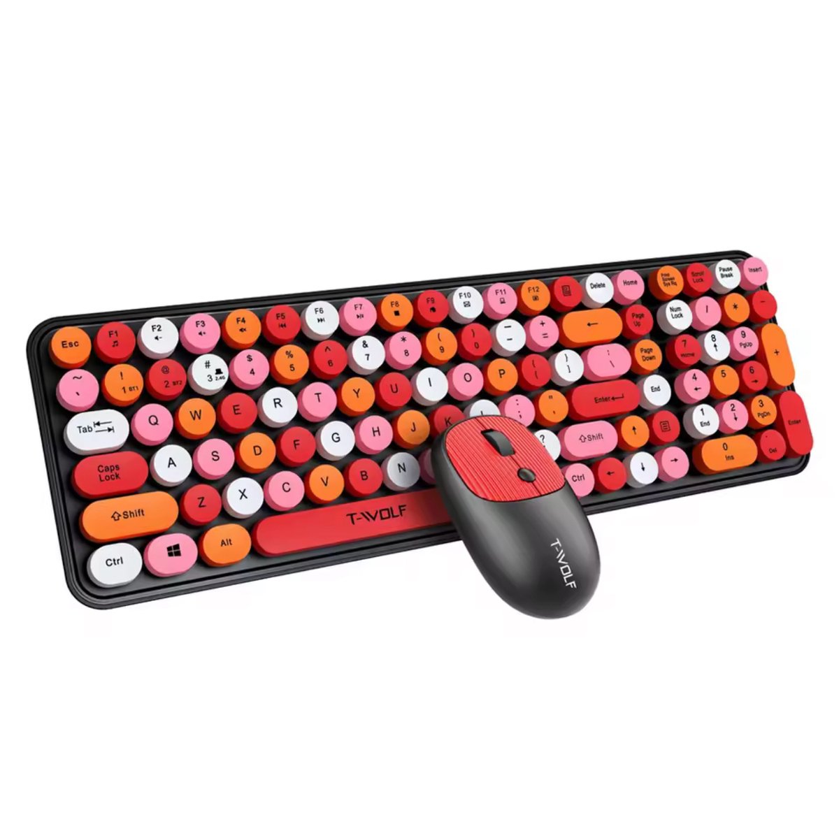 Draadloos Toetsenbord en Muis Set – Retro Ronde Toetsen – 2.4GHz USB – Stil Typen – 105 Toetsen – DPI 800/1200/1600 – Rood/Roze