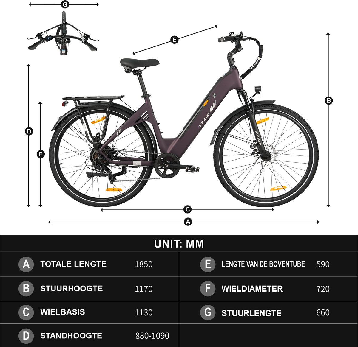 Elektrische Fiets TTGO C3 - 36V 18AH Accu - Actieradius Tot 120 Km - 28×2.0 Inch Wielen- Aluminium Lage Instapframe -Shimano 7 Versnellingen - Mechanische Schijfremmen - LCD Display - Elektrische Stadsfiets - paars thumbnail 8