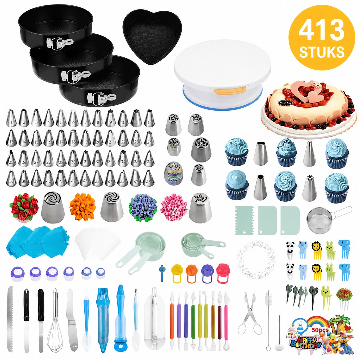 413-delige Taart Decoratie Set - Professionele Bakset met Draaitafel - Patisserie Decoratie Tools - Complete DIY Bak- en Glazuurset