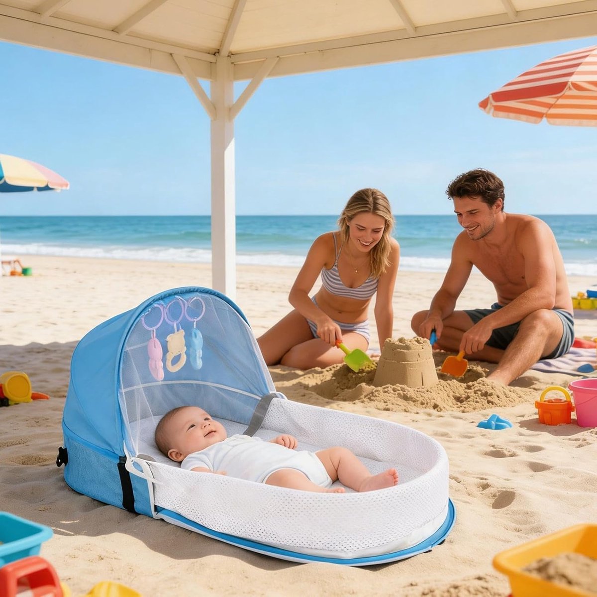 Draagbare Reiswieg - Baby Bedje Onderweg - Comfortabel Slapen - Verandert in Draagtas - 42 x 34 cm - Blauw thumbnail 3
