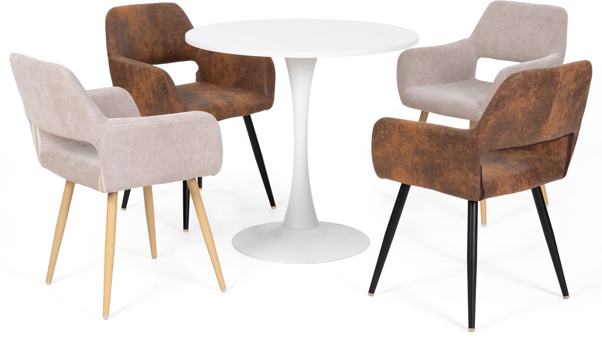 Eetkamerset - 5-delig Ronde tafel Stoelen met fauteuils - Multi