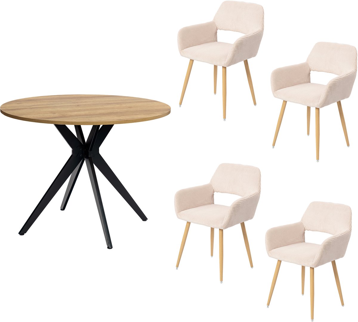 Eethoeken - 5-delig Ronde houten tafel Corduroy fauteuils - Beige