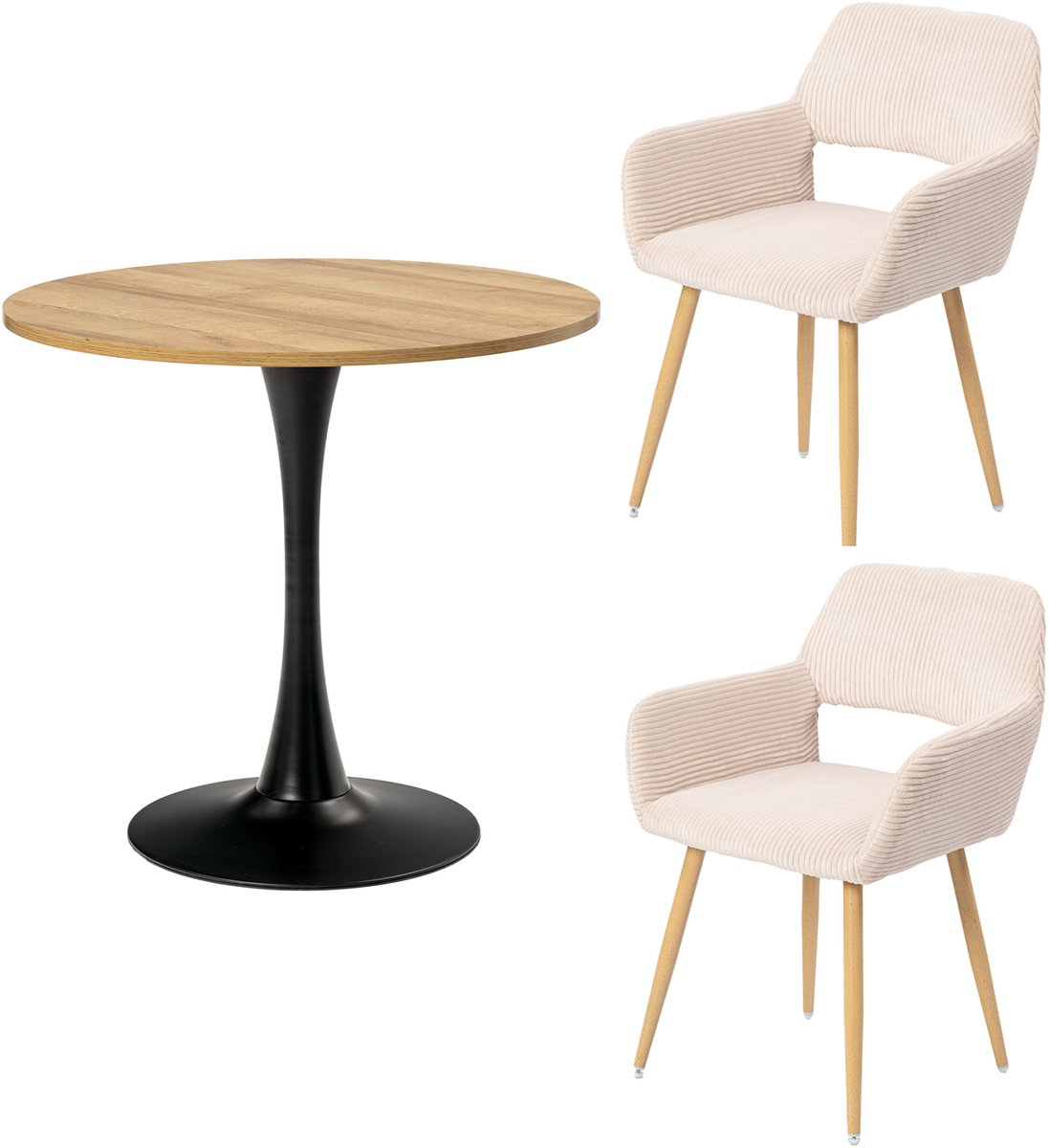 Eetkamerset - 3-delig Ronde tafel + 2 stoelen Gevoerd - Beige