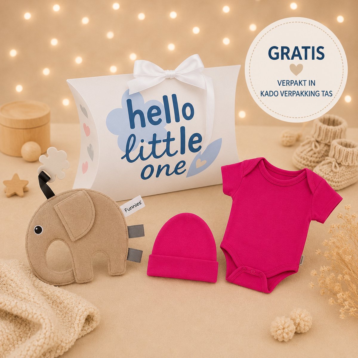 Blijeitje - Baby Cadeau Meisje – Luxe Kraamcadeau met Romper & Mutsje & Tutpop Ollie – Babyshower Geschenk Newborn – Hello Little One