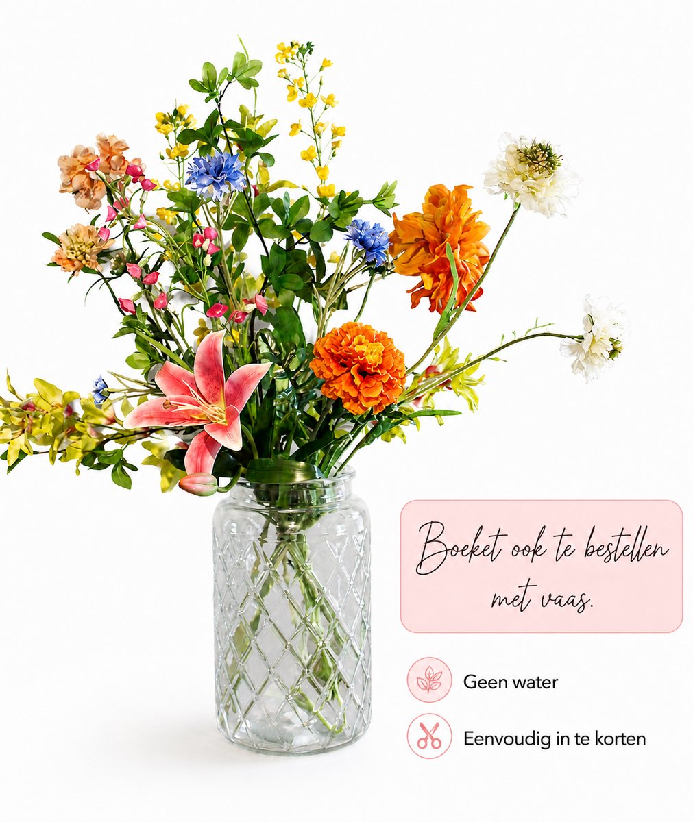 Bloemenjunkie - Kunstbloemen - Zijden Bloemen - Boeket - Veldboeket - 70cm Hoog - 10 Stelen - nepbloemen