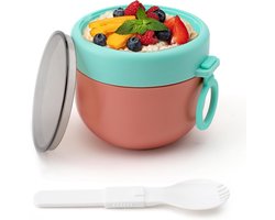 Yogurt Cup, Cereal Cup to Go Kids Lunch Pot Cereal to Go Cup with Folding Spoon, Smoothie Bowl, Porridge, Cup Yogurt Lid for Any Breakfast, Lunch, Snack Boxes, 600 ml, Nordic Red