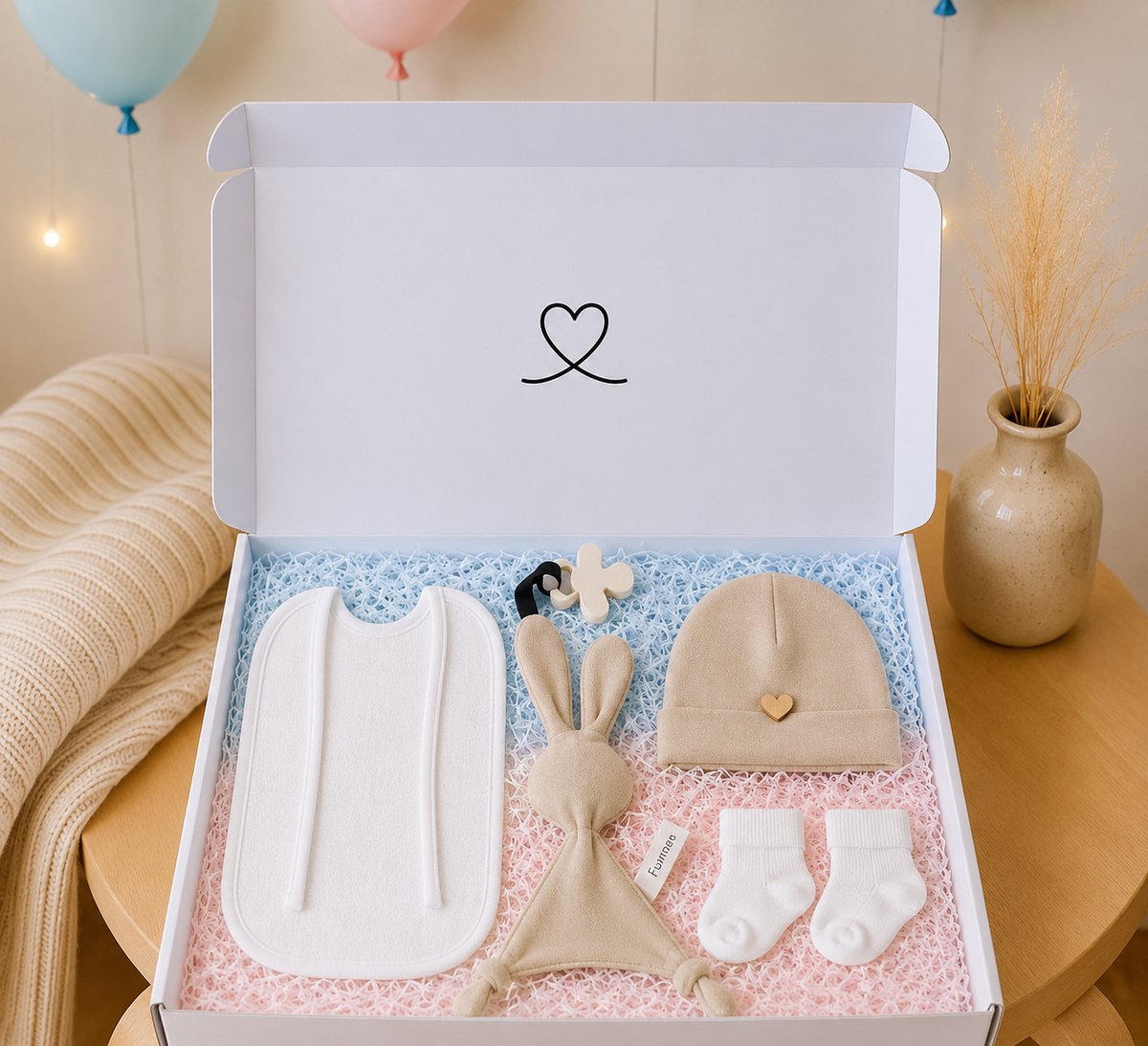 Gender Reveal Cadeau – Unisex Babygeschenk Box Jongen of Meisje – Babyshower & Kraamcadeau Set met Mutsje, Sokjes, Slabbetje & Speenknuffel Snoes