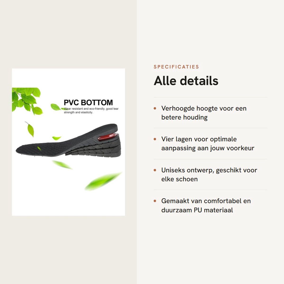 Dailygoods- Inlegzolen met verhoogde hoogte - Inlegzolen vier lagen - PU materiaal - Uniseks - Schokabsorptie - Comfortabele pasvorm