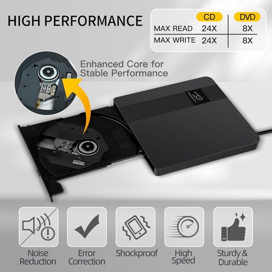 Externe CD/DVD Drive - Dvd Brander Lezer - Bestanden Backuppen - Plug & Play - Slim Draagbaar - Zwart — afbeelding 4