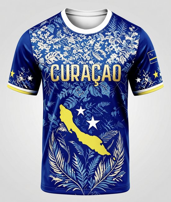 Curacao Voetbalshirt - Maat: M - Tshirt / Voetbalshirt - Curacao / Korsou - Nederlandse Antillen - Hoge Kwaliteit - Blauw & Geel - WK2026 / Voetbal - Curacao Elftal / Blue Wave - Unisex / Dames / Heren - Shirt met Curacaose Vlag