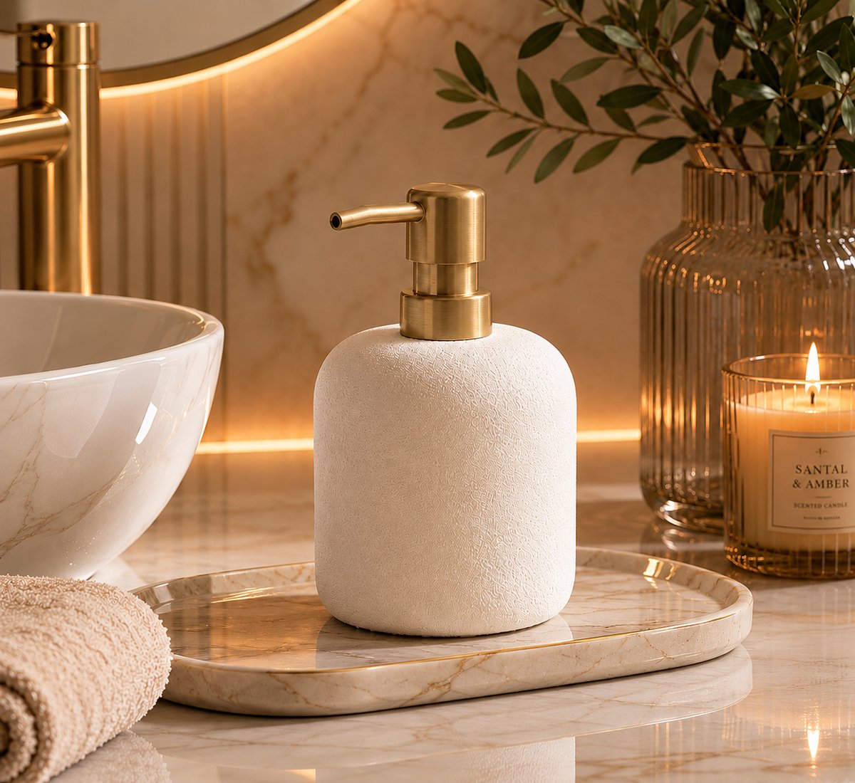 Aquamarbre Zeeppomp – Polyresin – Wit / Goud – Luxe Badkamer Accessoire
