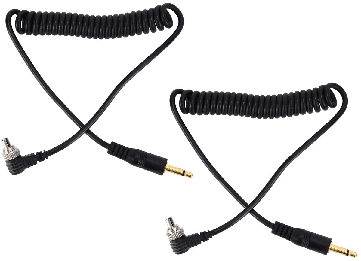 Dailygoods- Synchronisatiekabel 2 Stuks - 3,5 Mm Mannelijke Poort - Opgerolde Kabel 30-80 Cm - Kunststof/Legering - Voor Digitale Camera's - Flitskabel