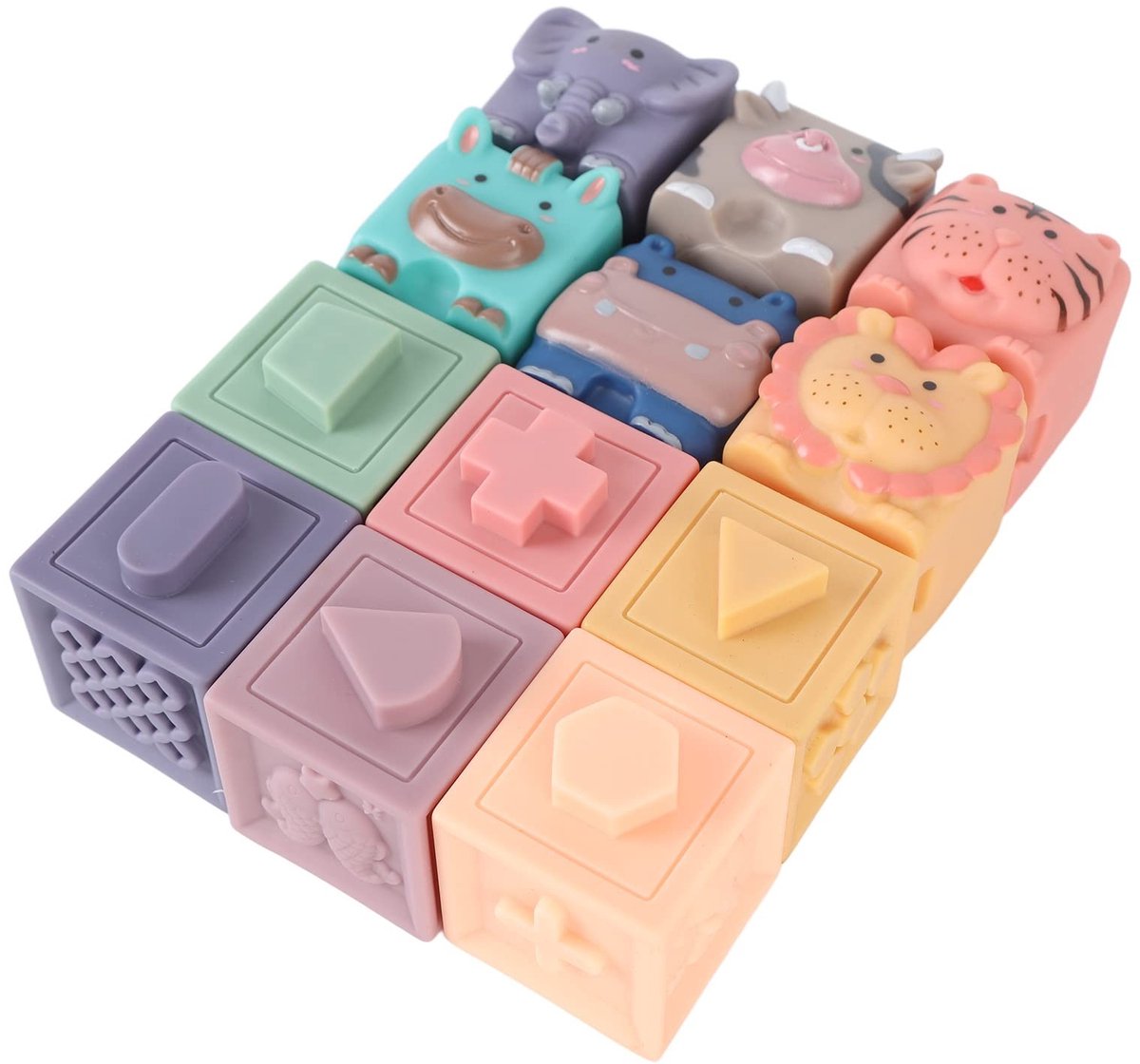 Dailygoods- Bouwstenen 12 Stuks - Educatieve Dierenvormen - Siliconen Speelgoed - Zachte Blokken - Badtijdblokken - Ideaal voor Reizen
