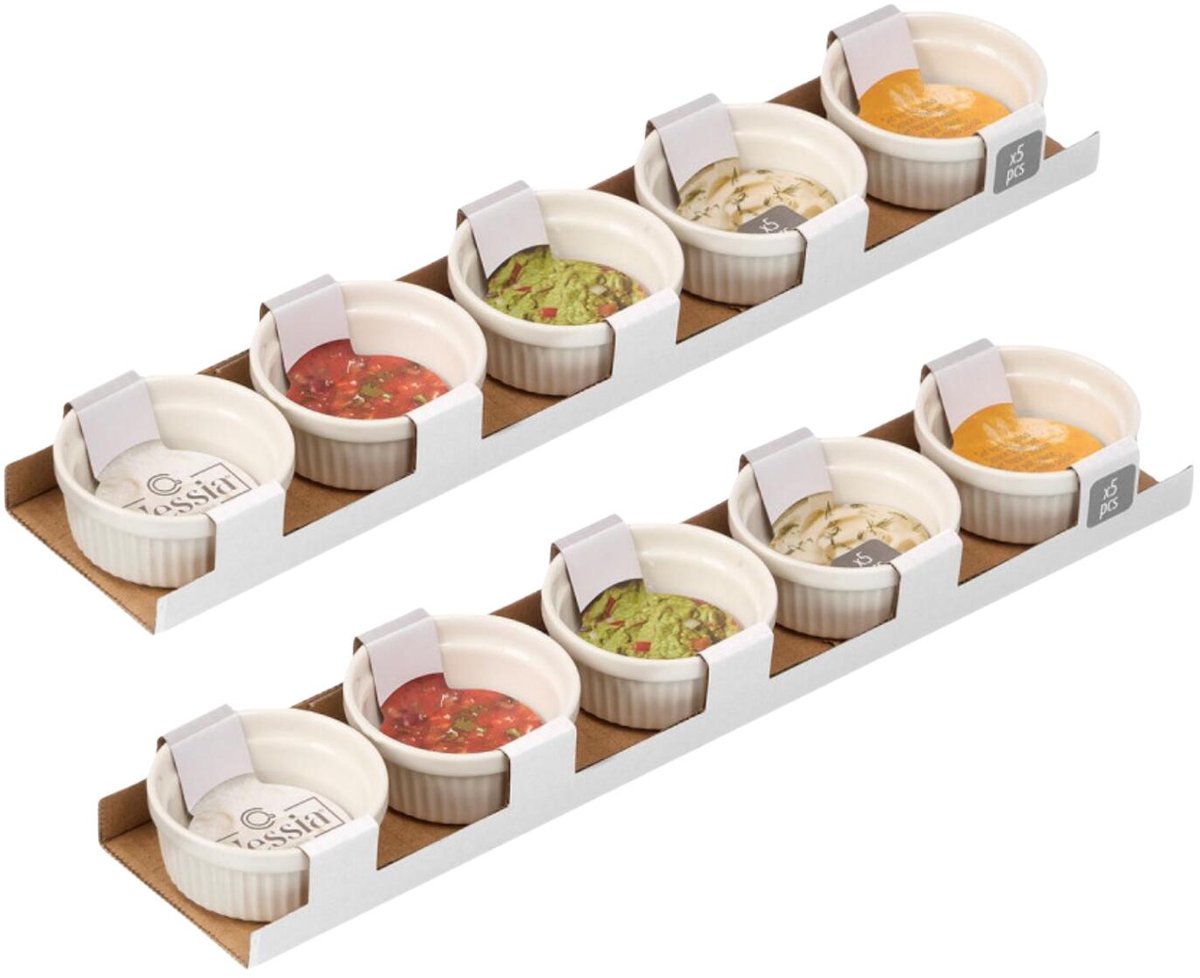 Vessia Kommetjes / serveer schaaltjes - 2x - 10x stuks - D6 x H3.5 cm - aardewerk - wit - ovenschaaltjes - tapas - voedsel - dessert