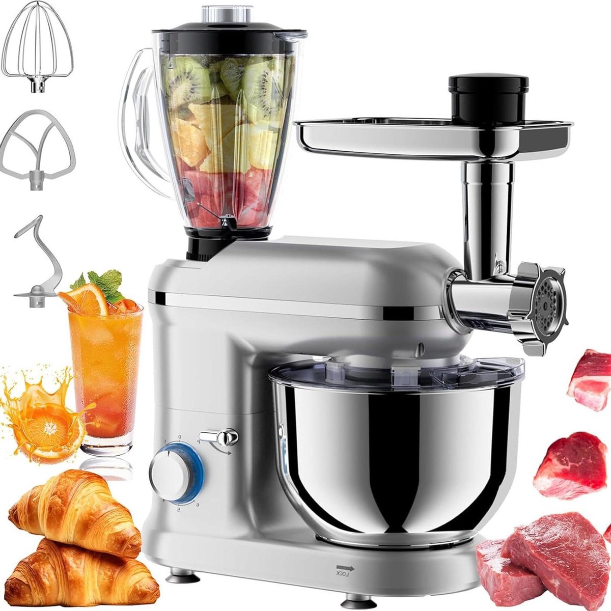 Keukenmachine - Mixer Robot - Thuis Bakken - Inclusief Vleesmolen - 5.5 Liter - Zilver