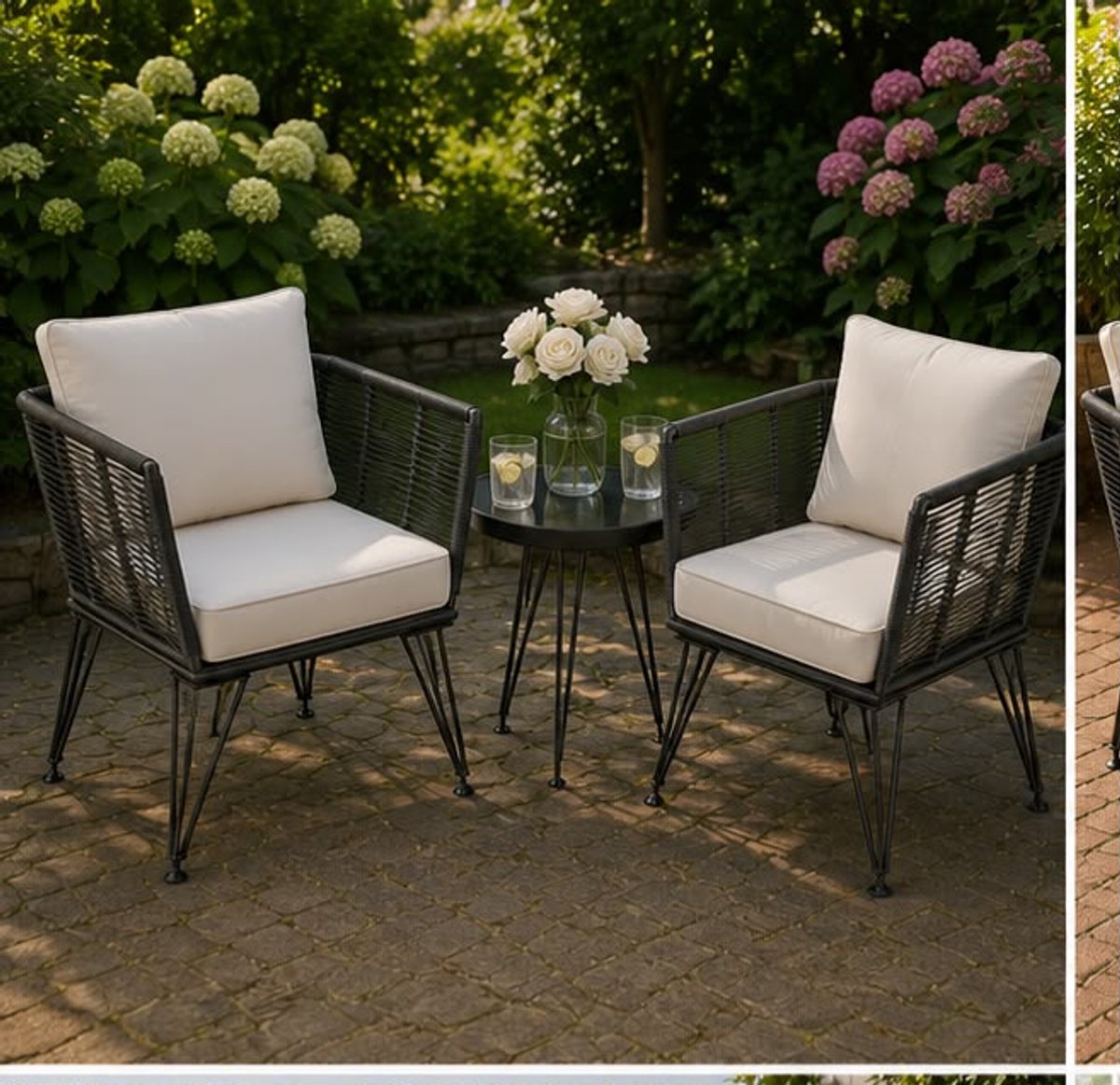 Loungestoelen Set van 2 75,5x67x71 cm – Polyrotan Tuinstoelen met Dikke Kussens – Weerbestendige Balkonstoelen en Lounge Fauteuils voor Tuin, Terras, Serre en Balkon – Zwart – Mobili Bella