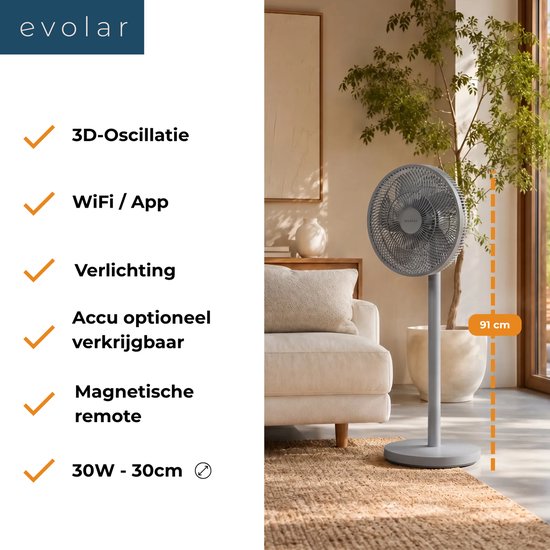 Grijze Evolar staande ventilator 91cm hoog met tekst over functies en specificaties.