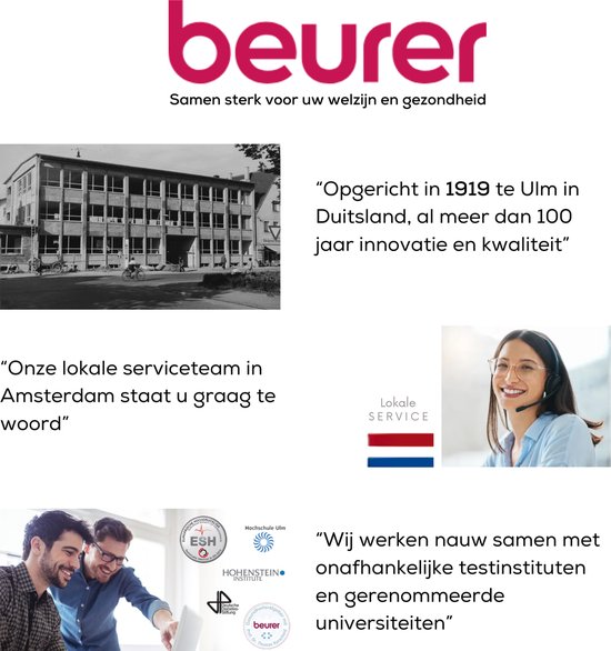 Beurer logo met de tekst "Samen sterk voor uw welzijn en gezondheid" en afbeeldingen van een fabriek, een klantenservice medewerker en studenten.