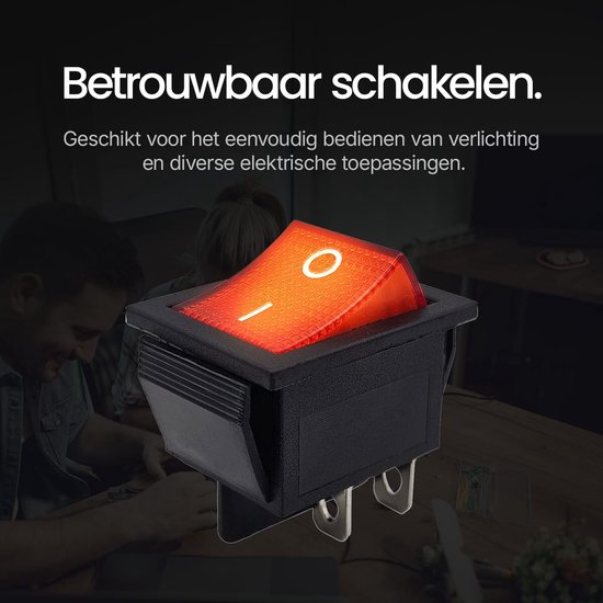Rode wipschakelaar met controlelampje in de voorgrond, twee personen op de achtergrond, tekst 'Betrouwbaar schakelen.'