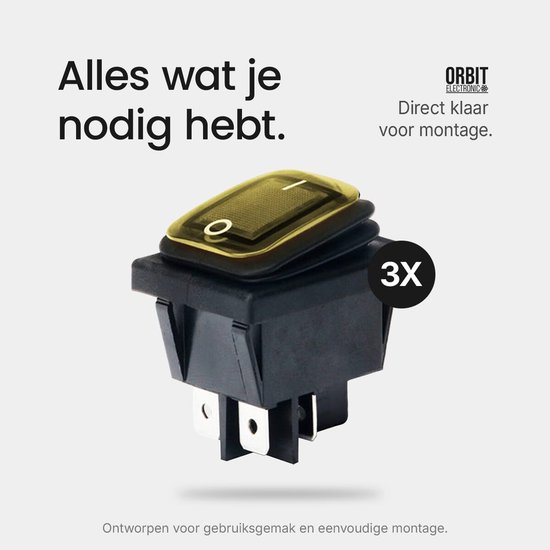 Gele wipschakelaar met "O" en "I" symbolen en "3X" aanduiding. "Alles wat je nodig hebt. Direct klaar voor montage."