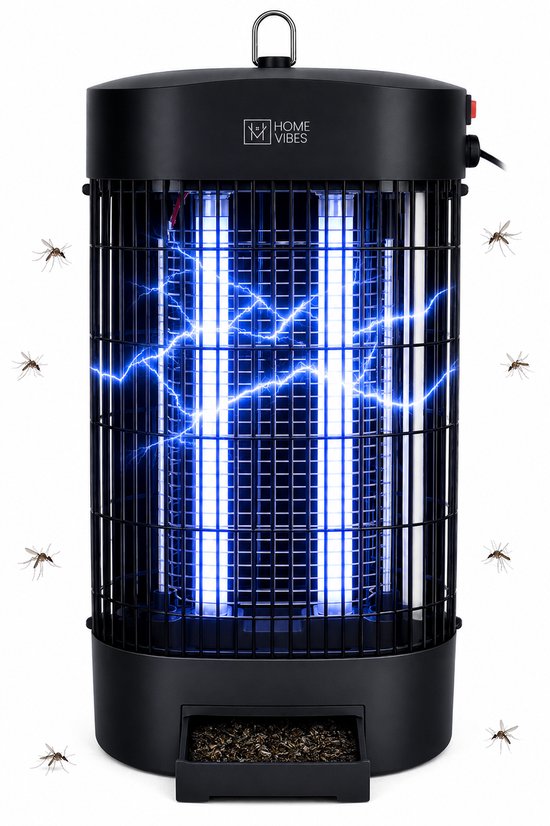 Home Vibes® Lampe anti-moustiques – 2500V - Lampe électrique anti-insectes 50m² – Spécialement pour l'intérieur – Avec bac de récupération – Lampe anti-mouches moderne – Piège à mouches - Suspendable - 9W – Bouton marche/arrêt - Noir