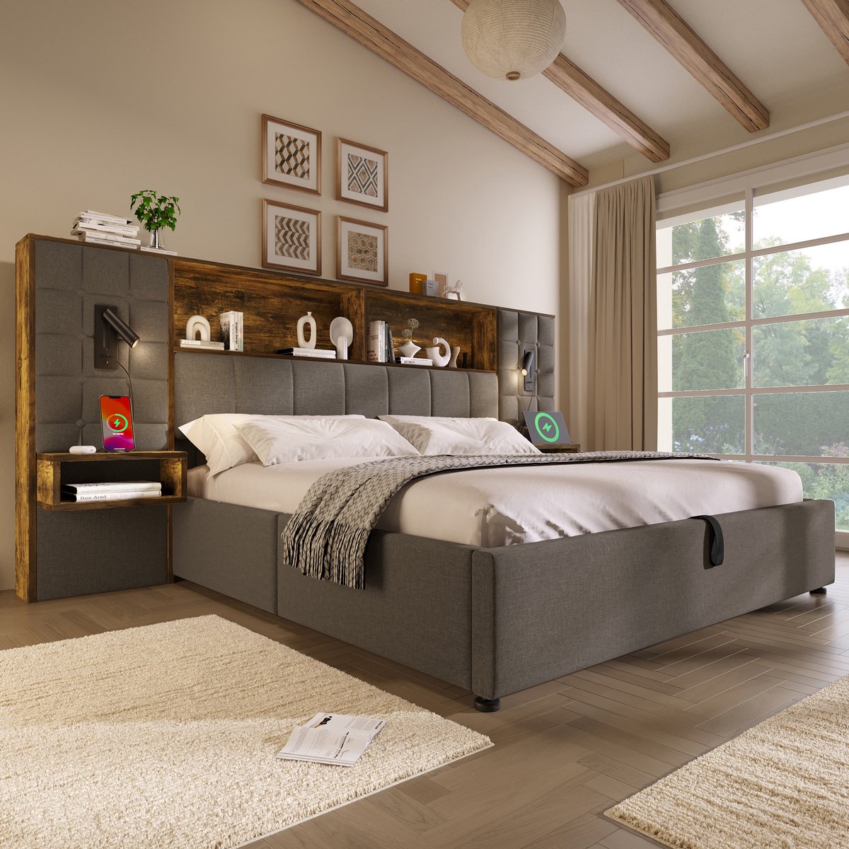 HAUSS SPOLE Gestoffeerd Bed 160x200 cm - Met Opbergruimte, Leeslampen en Usb C Aansluiting - Zonder Matras - Linnen - Grijs
