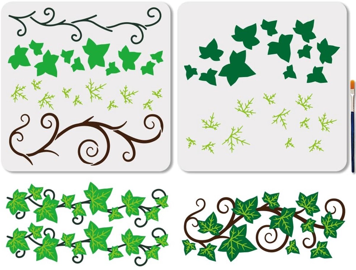 Dailygoods- Klimopsjabloon Set - 2 Stuks - Herbruikbare Schildersjablonen - Kunststof - 30 x 30 cm - Meerdere Lagen - Inclusief Penseel - Schildersjabloon