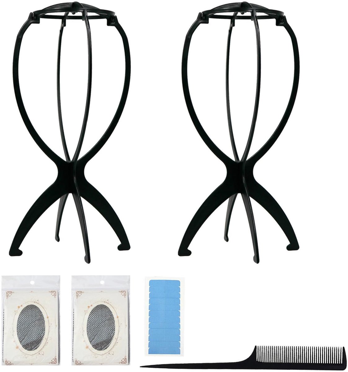 Dailygoods- Pruikhouder - Draagbare Kunststof Standaard - 2 Stuks - Haarnet - Puntige Staartkam - Pruikfolie - Afmetingen 35 x 17,5 cm - Pruikstandaard