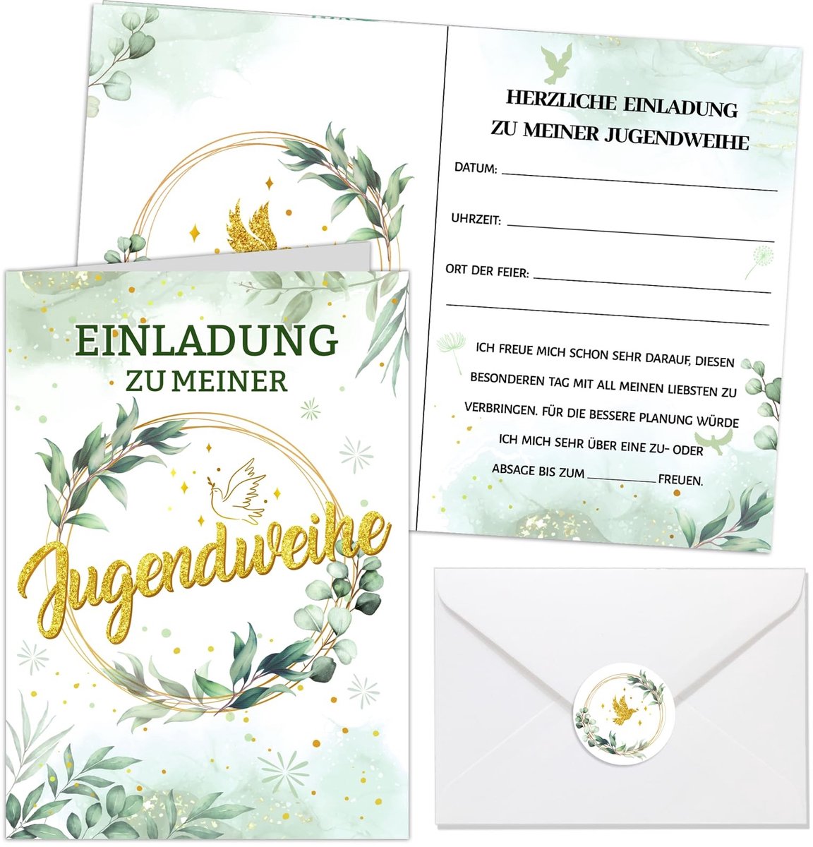 Dailygoods- Uitnodigingskaarten Jeugdwijding - 12 Stuks - Eucalyptus Bladmotief - Hoogwaardig Papier - Inclusief Envelopstickers - Stijlvol en Elegant - Feestkaarten