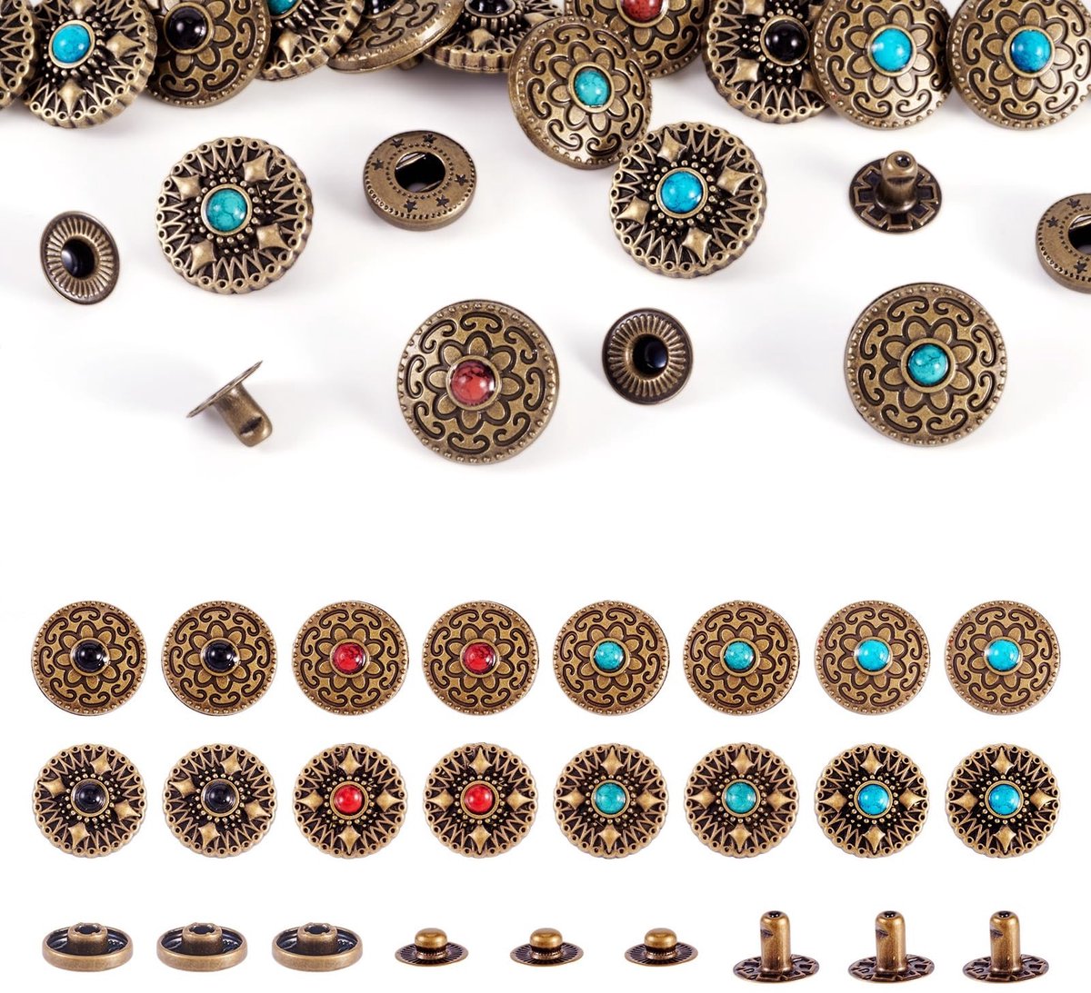 Dailygoods- Klinknagels Decoratief - 16 Sets - Platte/Ronde - Imitatie Turquoise - Voor Lederen Ambachten - 17 mm Diameter - Brons Kleur - Decoratieve Knopen